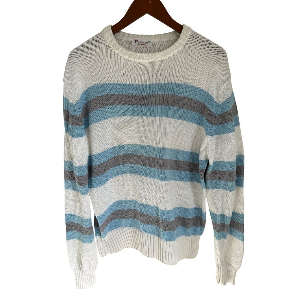 Vtg Parker Of Vienna Striped Knit Sweater White/Blue/Grey Cotton Pullover